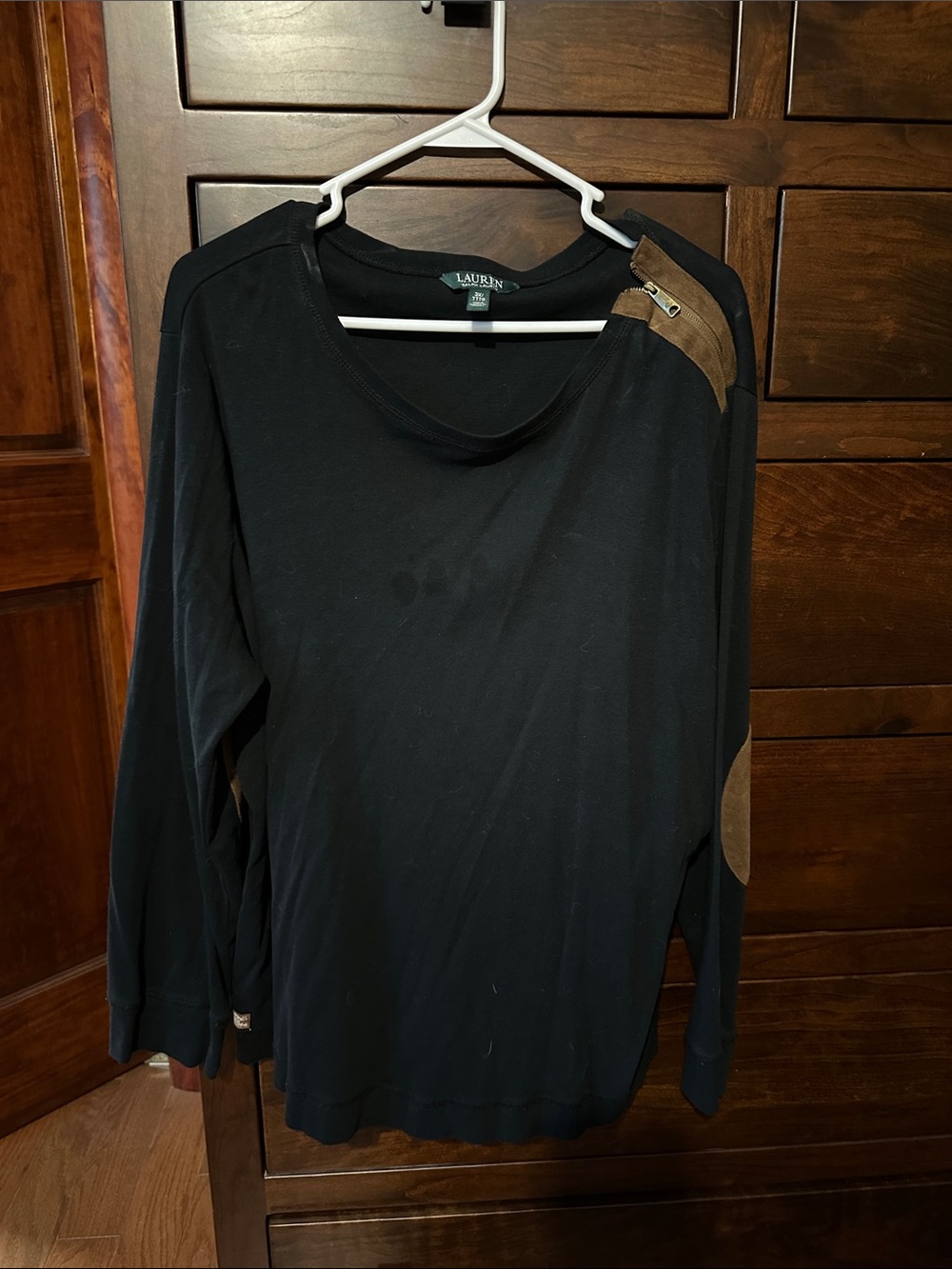 Lauren Ralph Lauren Black Long-Sleeve Top with Brown Elbow Patches